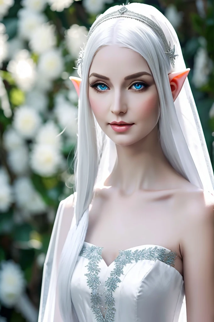 Female Elf with Ice white eyes, Wearing a high necked silk and organza dress entirely covering her body is a Snow Elf ambassador with white hair and feathers in her hair clear to ice white eyes pale skin Elf elven woman ambassador
