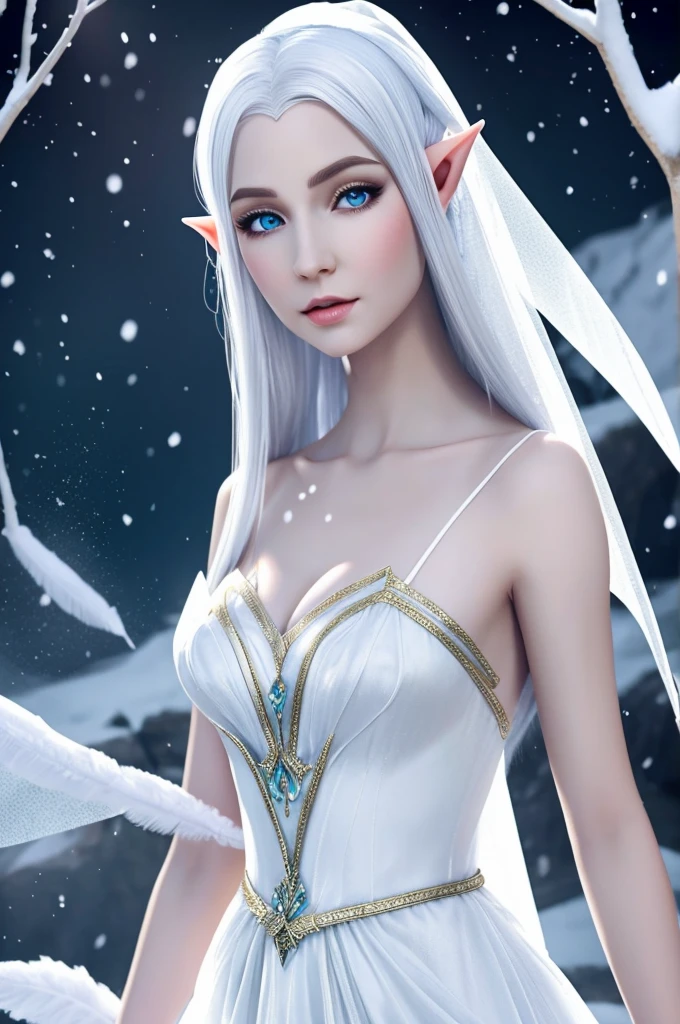 Female Elf with Ice white eyes, Wearing a high necked silk and organza dress entirely covering her body is a Snow Elf ambassador with white hair and feathers in her hair clear to ice white eyes pale skin Elf elven woman ambassador
