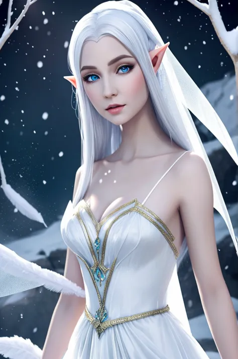 Female Elf with Ice white eyes, Wearing a high necked silk and organza dress entirely covering her body is a Snow Elf ambassador...