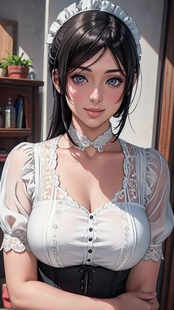 (Highest quality,4K,8K,High resolution,masterpiece:1.2),Super detailed,(Realistic,photoRealistic,photo-Realistic:1.37),Beautiful detailed portrait of a mature woman, Fuller lips, Long eyelashes, Maid clothesを着て, A kind smile, Highly detailed face, Maid clothes, Intricate details, Vibrant colors, Dramatic lighting, Structure of the film, Anime-inspired art style