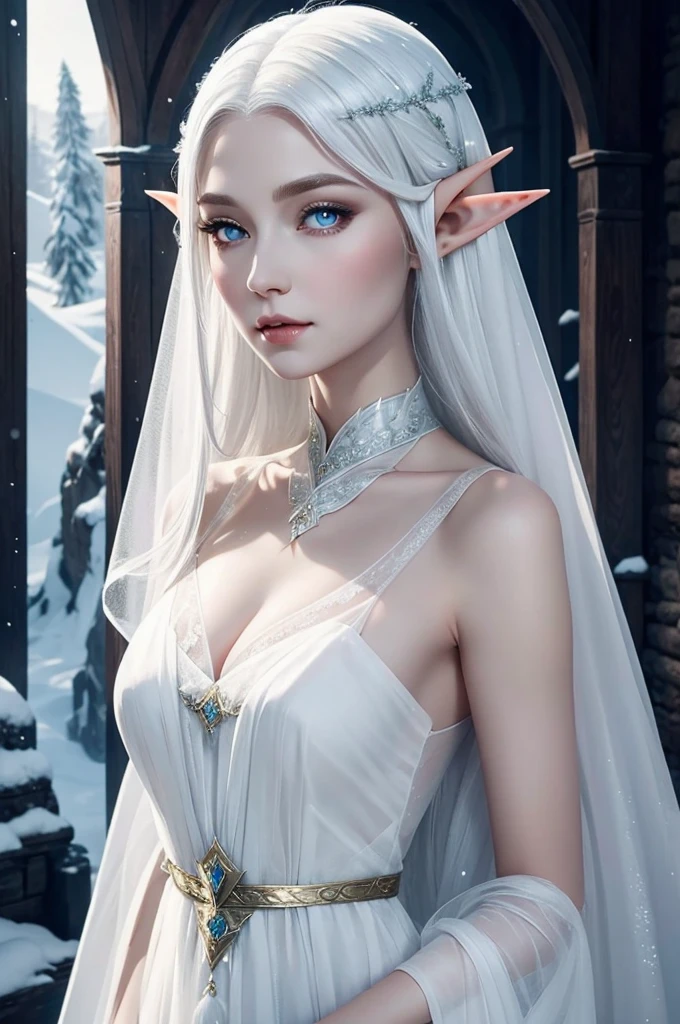 Female Elf with Ice white eyes, Wearing a high necked silk and organza dress entirely covering her body is a Snow Elf ambassador with white hair and feathers in her hair clear to ice white eyes pale skin Elf elven woman ambassador
