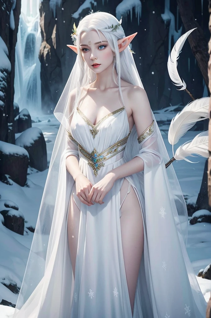 Female Elf with Ice white eyes, Wearing a high necked silk and organza dress entirely covering her body is a Snow Elf ambassador with white hair and feathers in her hair clear to ice white eyes pale skin Elf elven woman ambassador
