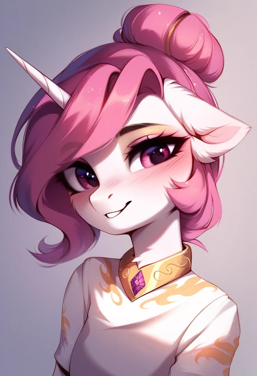 check_9, check_8_up, check_7_up, source_fluffy, rating_safe, from Magnaluna, Celestia poses seductively in a white bedroom, dark pink mane with gold stripes in it, hair bun with bangs, pink eyes, white body, anthro, blushing,  