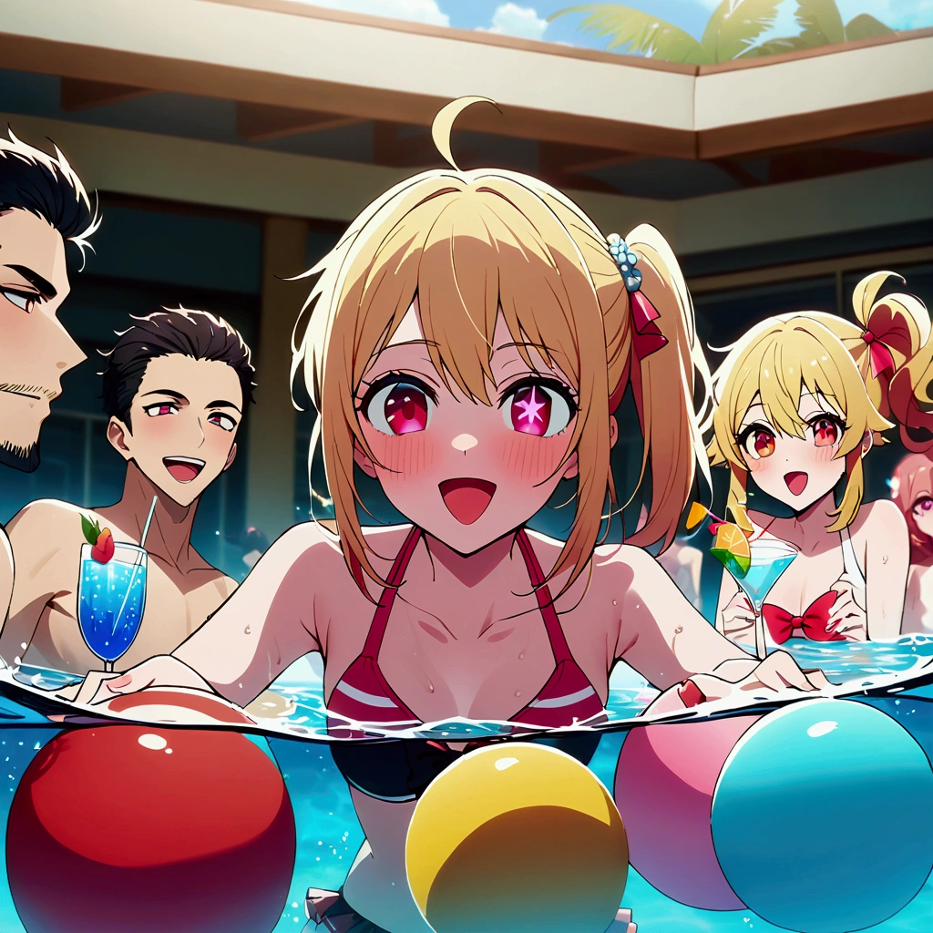 (Pool Party), swimsuit crowd boys, young people having fun at a pool, one girl among many men, hoshinoruby, star-shaped pupils, ruby_hoshino, idol, blonde hair, bangs, pink and red eyes, left side ponytail, close the right eye, looking at viewer, best quality, masterpiece, high quality, extremely detailed CG unity 8k wallpaper, highres, intricate details, light particles, everyone enjoys partying, multi pose, colorful swim rings, big beach balls, water splashing, caustics, light leaks, glass of cocktail, blurry background, partially underwater shot, 