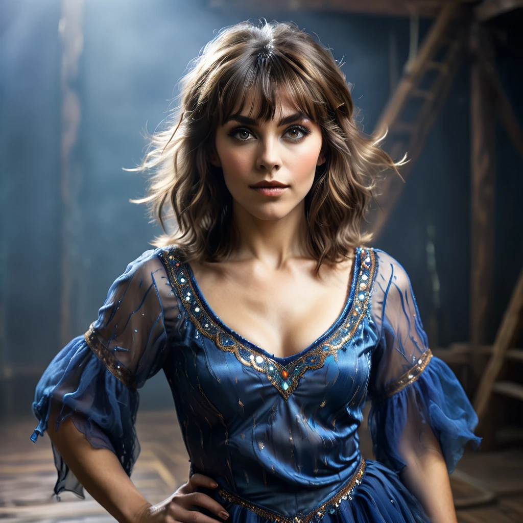 precise portrait, bearded woman with a well-trimmed hairy and shaggy beard, medium-long brown hair with side bangs, hypnotizing brown eyes, blue dancer's dress