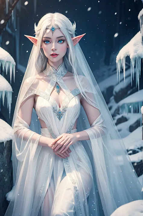 female elf with ice white eyes, wearing a high necked silk and organza dress entirely covering her body is a snow elf ambassador...