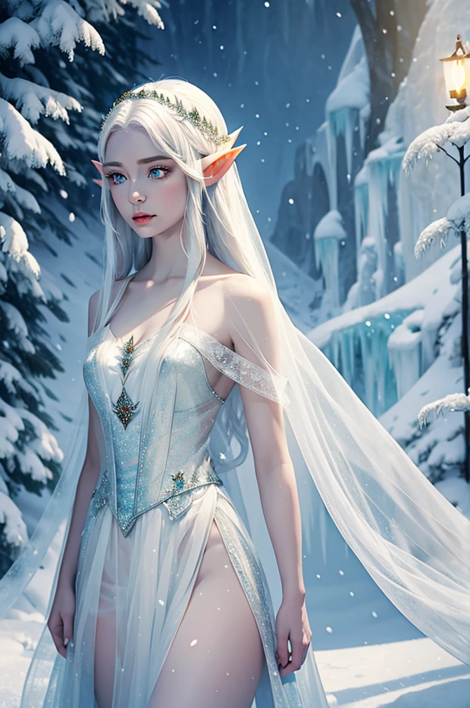 Female Elf with Ice white eyes, Wearing a high necked silk and organza dress entirely covering her body is a Snow Elf ambassador with white hair and feathers in her hair clear to ice white eyes pale skin Elf elven woman ambassador
