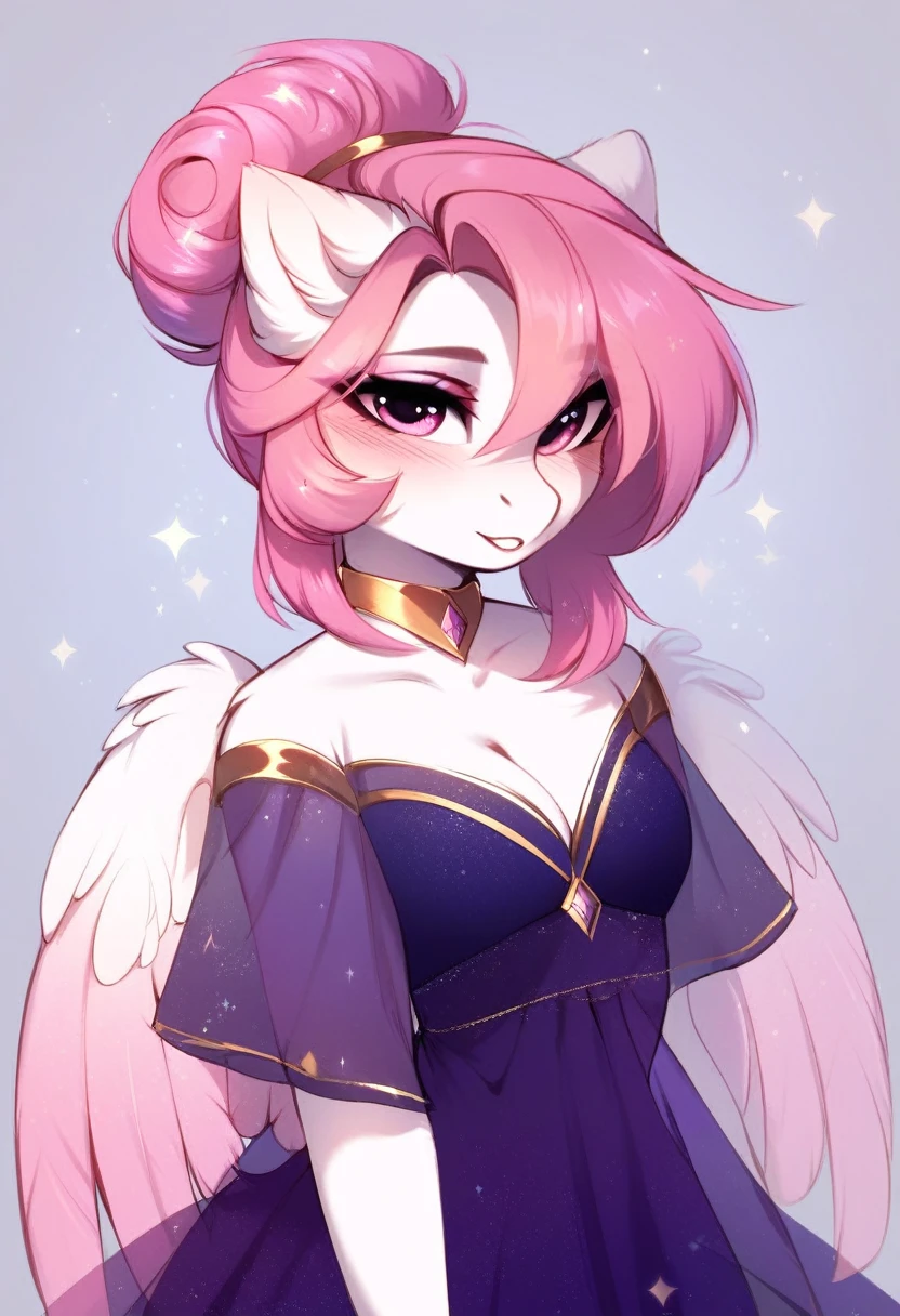 check_9, check_8_up, check_7_up, source_fluffy, rating_safe, from Magnaluna, Celestia poses seductively in a white bedroom, dark pink mane with gold stripes in it, hair bun with bangs, pink eyes, white body, anthro, blushing, wearing see through purple dress  