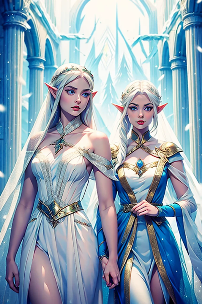 Female Elf with Ice white eyes, Wearing a high necked silk and organza dress entirely covering her body is a Snow Elf ambassador with white hair and feathers in her hair clear to ice white eyes pale skin Elf elven woman ambassador
