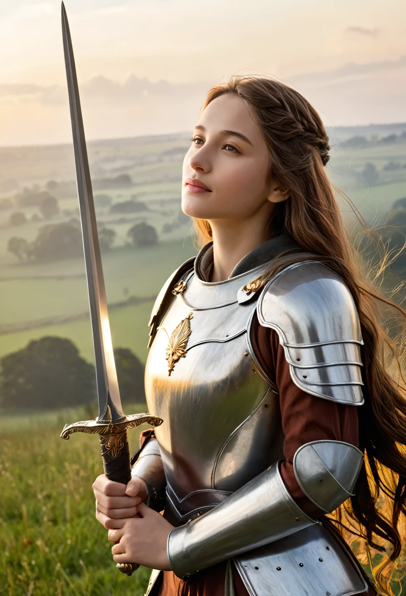 (best quality, 4k, 8k, highres, masterpiece:1.2), ultra-detailed, (realistic, photo realistic,photo-realistic:1.37), 
16yo Joan of Arc stands in a serene moment of contemplation, her delicate features framed by the soft, golden light of dawn. Her face is youthful and serene, with high cheekbones, gentle eyes that convey both vulnerability and unwavering faith, and lips that form a slight, determined smile. There is a subtle, almost otherworldly glow to her skin, emphasizing her divine inspiration.

Her long, wavy hair, the color of chestnut, cascades down her back, free from the confinement of a helmet. A few loose strands gently flutter in the breeze, adding to her ethereal appearance. She is dressed in a simple yet elegant suit of armor, its polished surface reflecting the morning light. The armor, though functional, is beautifully crafted, with delicate engravings of lilies and religious symbols that speak to her holy mission.

In one hand, she holds a slender, elegant sword, its blade shining with an inner light. The sword is both a weapon and a symbol of her divine purpose. In her other hand, she lightly grasps a banner, the flag of France, its fabric gently waving in the soft breeze. The banner is pristine, its vibrant colors a stark contrast to the somber tones of the battlefield in the distance.

Joan stands on a hill overlooking the battlefield, a look of serene determination on her face. The landscape around her is tranquil, with the early morning mist rising from the ground and the first rays of sunlight breaking through the clouds. In the background, the distant sounds of battle are muted, creating a poignant contrast between the chaos of war and the calm resolve of this young heroine.
