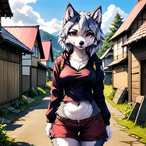 A female wolf, anthropomorphic, furrygirl, thick outline, anime styling, looking at the viewer, hinterland, in any outfit, anywh...