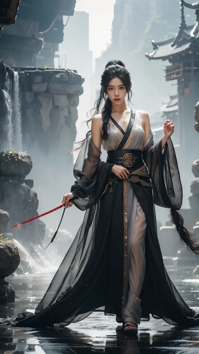 Full Body shot:1.2 1 girls,the most beautiful, Sweet, elegant ,full Body ,Small Breasts ,Rainy day in the background.,cityscape,1 female, beautiful girl, pretty face, Female Samurai, Supermodel, shiny bracelet, beautiful hanfu (Red, transparent),cape, alone, {Beautiful and delicate eyes}, Calm expression, Natural and soft Light, delicate face, a lot of small earringodel pose)), Glamor Body type, (Black neon hair:1.2), Nest, Long-term ponytail, a lot of_Long-term_hair, hair past hip, curly hair, Film particles, Real Hand, masterpiece, best quality, actual, มีรายละเอียดa lot of, Exquisite details, High resolution, Perfect dynamic composition, Beautifully detailed eyes, Smiling eyes, ((Nervous and shy)), sharp focus, full_Body, Sexy pose, cowboy_shoot, samurai girl, 發Light的額頭, Light,