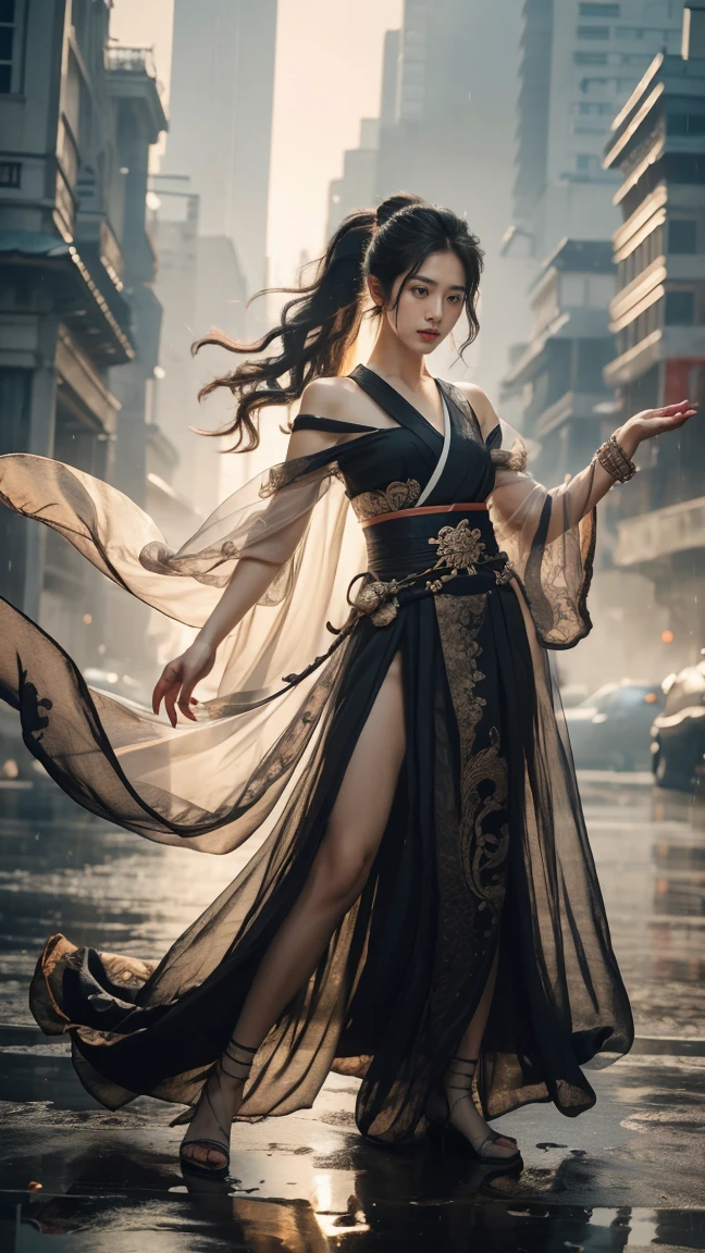 Full Body shot:1.2 1 girls,the most beautiful, Sweet, elegant ,full Body ,Small Breasts ,Rainy day in the background.,cityscape,1 female, beautiful girl, pretty face, Female Samurai, Supermodel, shiny bracelet, beautiful hanfu (Red, transparent),cape, alone, {Beautiful and delicate eyes}, Calm expression, Natural and soft Light, delicate face, a lot of small earringodel pose)), Glamor Body type, (Black neon hair:1.2), Nest, Long-term ponytail, a lot of_Long-term_hair, hair past hip, curly hair, Film particles, Real Hand, masterpiece, best quality, actual, มีรายละเอียดa lot of, Exquisite details, High resolution, Perfect dynamic composition, Beautifully detailed eyes, Smiling eyes, ((Nervous and shy)), sharp focus, full_Body, Sexy pose, cowboy_shoot, samurai girl, 發Light的額頭, Light,