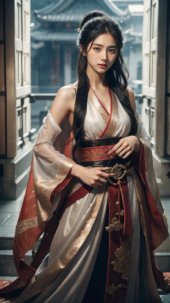 Full Body shot:1.2 1 girls,the most beautiful, Sweet, elegant ,full Body ,Small Breasts ,Rainy day in the background.,cityscape,1 female, beautiful girl, pretty face, Female Samurai, Supermodel, shiny bracelet, beautiful hanfu (Red, transparent),cape, alone, {Beautiful and delicate eyes}, Calm expression, Natural and soft Light, delicate face, a lot of small earringodel pose)), Glamor Body type, (Black neon hair:1.2), Nest, Long-term ponytail, a lot of_Long-term_hair, hair past hip, curly hair, Film particles, Real Hand, masterpiece, best quality, actual, มีรายละเอียดa lot of, Exquisite details, High resolution, Perfect dynamic composition, Beautifully detailed eyes, Smiling eyes, ((Nervous and shy)), sharp focus, full_Body, Sexy pose, cowboy_shoot, samurai girl, 發Light的額頭, Light,