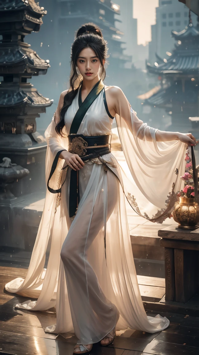 Full Body shot:1.2 1 girls,the most beautiful, Sweet, elegant ,full Body ,Small Breasts ,Rainy day in the background.,cityscape,1 female, beautiful girl, pretty face, Female Samurai, Supermodel, shiny bracelet, beautiful hanfu (Red, transparent),cape, alone, {Beautiful and delicate eyes}, Calm expression, Natural and soft Light, delicate face, a lot of small earringodel pose)), Glamor Body type, (Black neon hair:1.2), Nest, Long-term ponytail, a lot of_Long-term_hair, hair past hip, curly hair, Film particles, Real Hand, masterpiece, best quality, actual, มีรายละเอียดa lot of, Exquisite details, High resolution, Perfect dynamic composition, Beautifully detailed eyes, Smiling eyes, ((Nervous and shy)), sharp focus, full_Body, Sexy pose, cowboy_shoot, samurai girl, 發Light的額頭, Light,