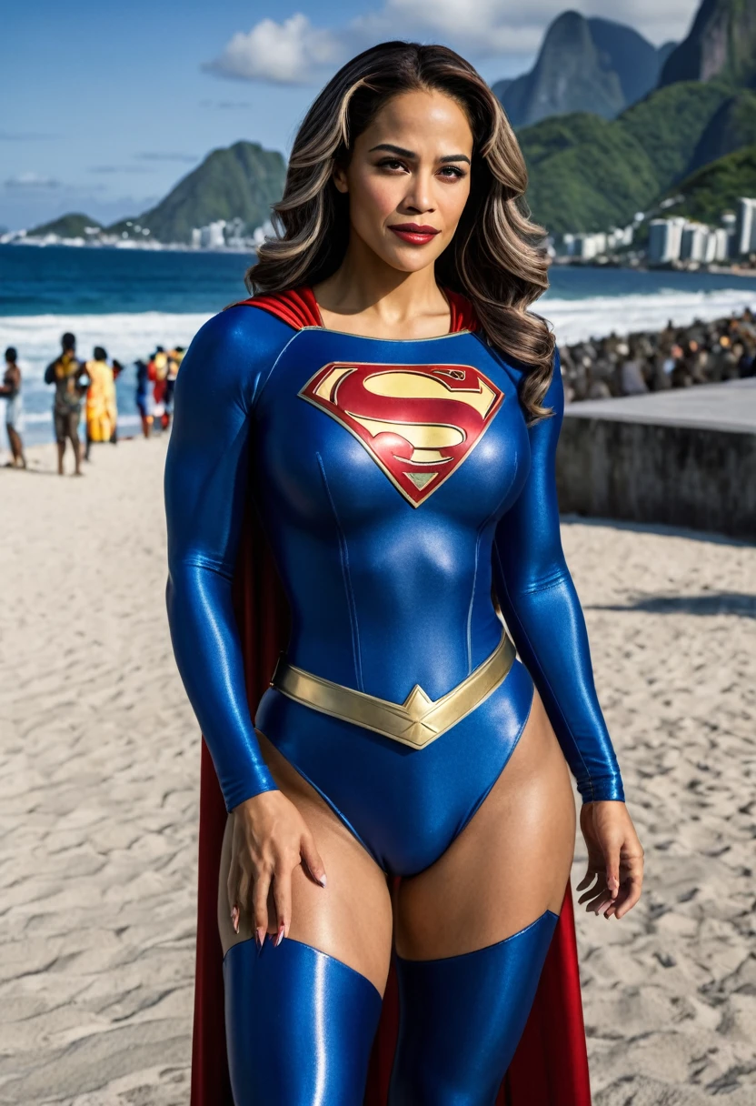 Rio de Janeiro; Paula Patton Supergirl 1984s DC costume; HD. Photograph, ((realism)), extremely high quality RAW photograph, ultra detailed photograph, sharp focus, high resolution, (detailed skin:1,3),high quality, film grain, Fujifilm XT3,Highly Detailed, movie, (Cinematic Photo:1.3) of (Realistic:1.3); 2000s movies