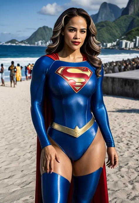 Rio de Janeiro; Paula Patton Supergirl 1984s DC costume; HD. Photograph, ((realism)), extremely high quality RAW photograph, ult...