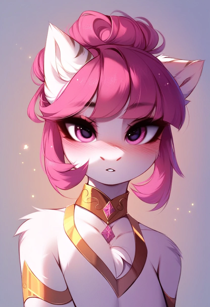 check_9, check_8_up, check_7_up, source_fluffy, rating_safe, from Magnaluna, Celestia poses seductively in a white bedroom, dark pink mane with gold stripes in it, hair bun with bangs, pink eyes, white body, anthro, blushing, wearing goldern lingerie 