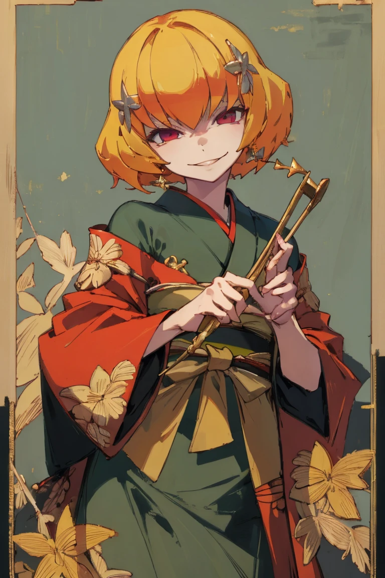 ((Highest quality)), ((masterpiece)), (be familiar with),Clementine,Overload,nsfw,kimono,Gorgeous green dress,Gold embroidery,hairpin,Captivating smile