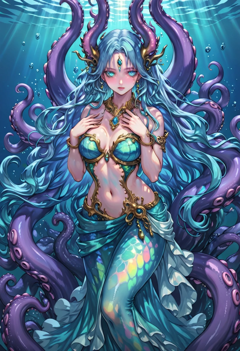 [translucent:opal:0.5], High quality bust，Only need to appear above the waist，No legs appear，The character needs to enter from the waist up，Reflective Transparent Opaque See-through Sarong, krakens, Long hair, 白色Long hair，Mermaid, Goddess of the sea, Ocean Goddess，Tentacles, Full face blush, Intricate details, light, excellent quality, Amazing shadows, Detailed description, Official Artwork, wallpaper, Official Art, Extremely detailed eyes and face, Beautiful and delicate eyes, ((masterpiece, best quality)), from the side, whole body, Hook of Holland, Umbilical cord,Half-body image,cowboy shot