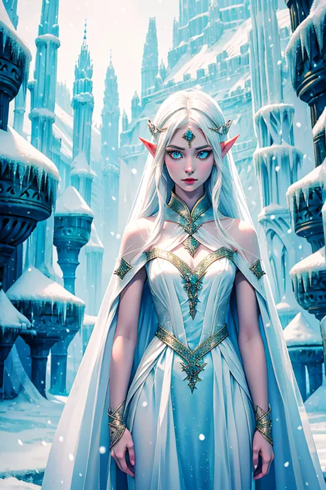 Standing alone Female Elf with Ice white eyes, Wearing a high necked silk and organza dress entirely covering her body is a Snow...
