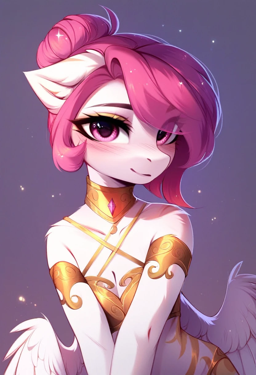 check_9, check_8_up, check_7_up, source_fluffy, rating_safe, from Magnaluna, Celestia poses seductively in a white bedroom, dark pink mane with gold stripes in it, hair bun with bangs, pink eyes, white body, anthro, blushing, wearing goldern lingerie 