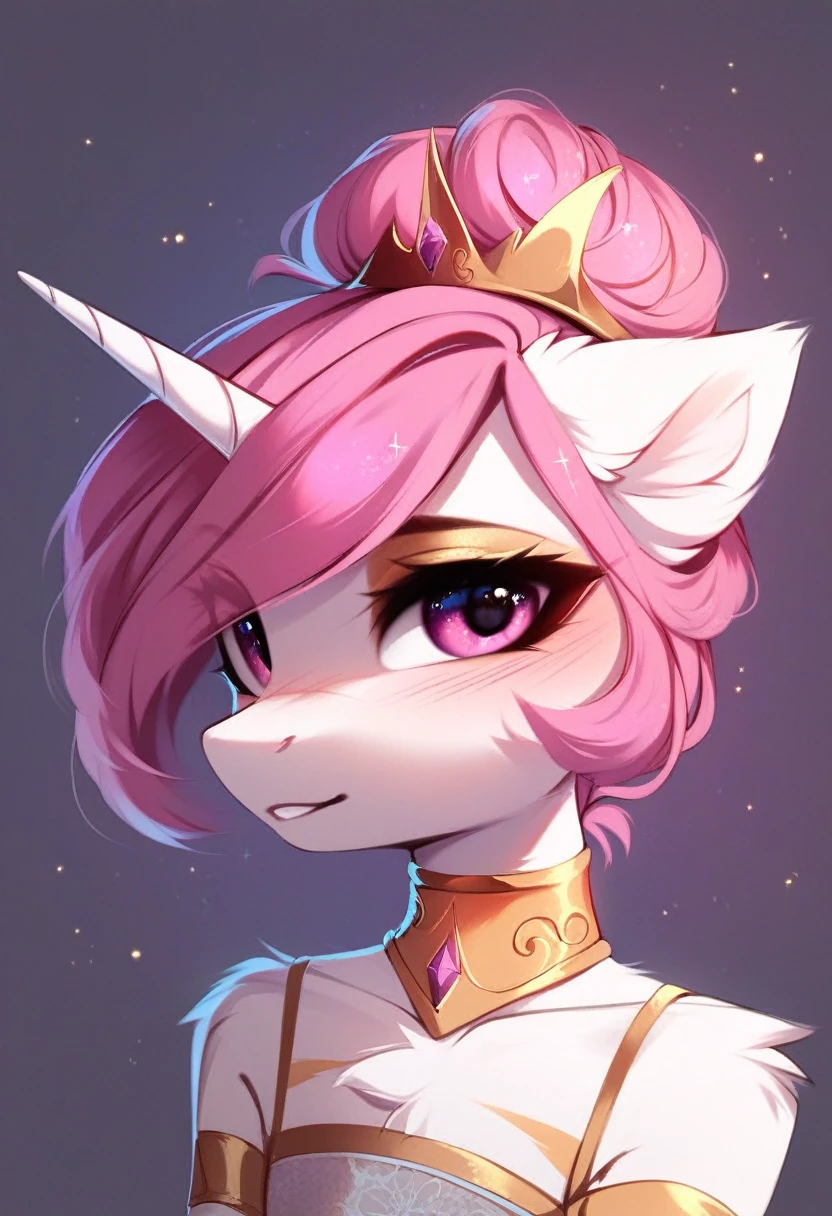 check_9, check_8_up, check_7_up, source_fluffy, rating_safe, from Magnaluna, Celestia poses seductively in a white bedroom, dark pink mane with gold stripes in it, hair bun with bangs, pink eyes, white body, anthro, blushing, wearing goldern lingerie 