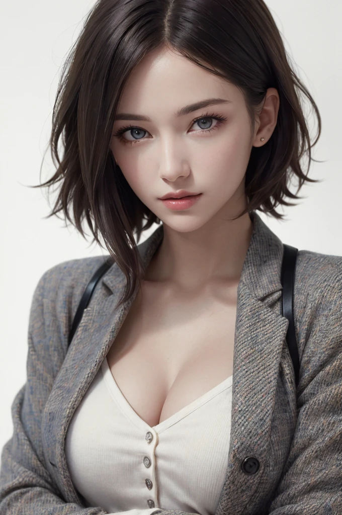 8K Ultra HD、RAWphotograph、モデルphotograph撮影、 European Fashion、(masterpiece、Highest quality、Realistic、High resolution、photograph:1.3)、close、focus on、Hot Model、slim、30 year old mature woman、Small face、No makeup、short hair、Beautiful dark brown Hayne eyes、Genuineスキン、(Perfect body)、Sexy hot face、sexual sight、slim、Tweed jacket、Long sleeve、Button up,Beautiful eyes in every detail、Glossy lips、((Bright light、Dynamic Lighting、Genuine、超Genuine、 realism、Genuineなディテール、Cool Beauty、Cool pose、Background white、Plain white background