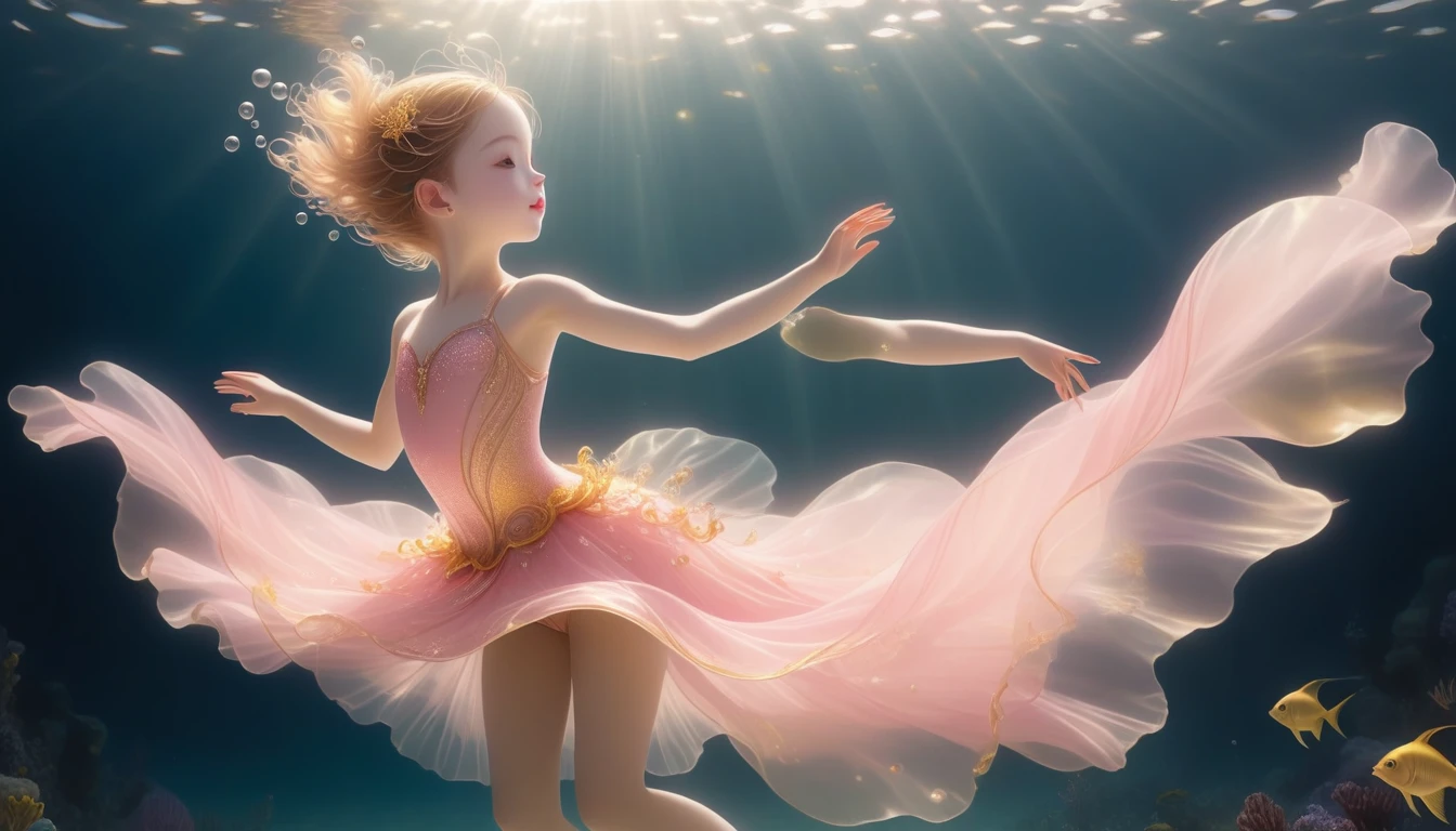 1. Little Girl, Solitary, Under the Deep Sea, walking underwater；Wearing pink ballet costume，Fairy the same，underwater dance；dancer；Golden water，金色的bubble； Deep Shadows, Extraordinary details, bubble, spark, Sun streaks, seabed, bright, whole body, swirl, Golden Light, Embed:Average runoff, masterpiece, high quality, 4K