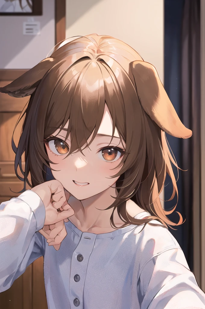 2d、masterpiece、Highest quality、anime、Highly detailed eyes、Highly detailed face、Highly detailed background、Bedroom、Perfect lighting、Cowboy Shot、One girl、solo、Korone、犬神Korone、Hololive、Virtual YouTuber、Brown eyes、Brown Hair、Dog Ears、Dog&#39;s tail、Dog Girl、Low braid、Twin braids、hair ornaments、White Dress、Yellow cardigan、smile、\:3、Sitting、computer、monitor、One shoulder is bare.