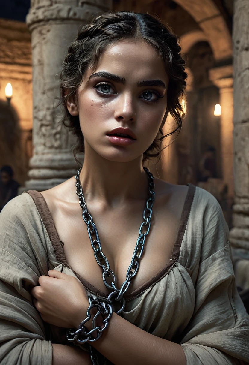  females slave, extremely detailed face and eyes, large expressive eyes, beautiful detailed lips, long eyelashes, delicate facial features, expression of fear and desperation, chained wrists, tattered clothes, slave market stall, ancient roman architecture, stone pillars, dimly lit interior, dramatic lighting, muted color palette, realistic rendering, cinematic composition, masterpiece, (best quality,8k,highres,masterpiece:1.2),ultra-detailed,(realistic,photorealistic,photo-realistic:1.37)