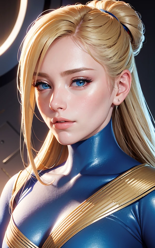 portrait, realistic, elegant woman, zero suit, blue eyes, blonde hair, 4k resolution, Hyper Realistic