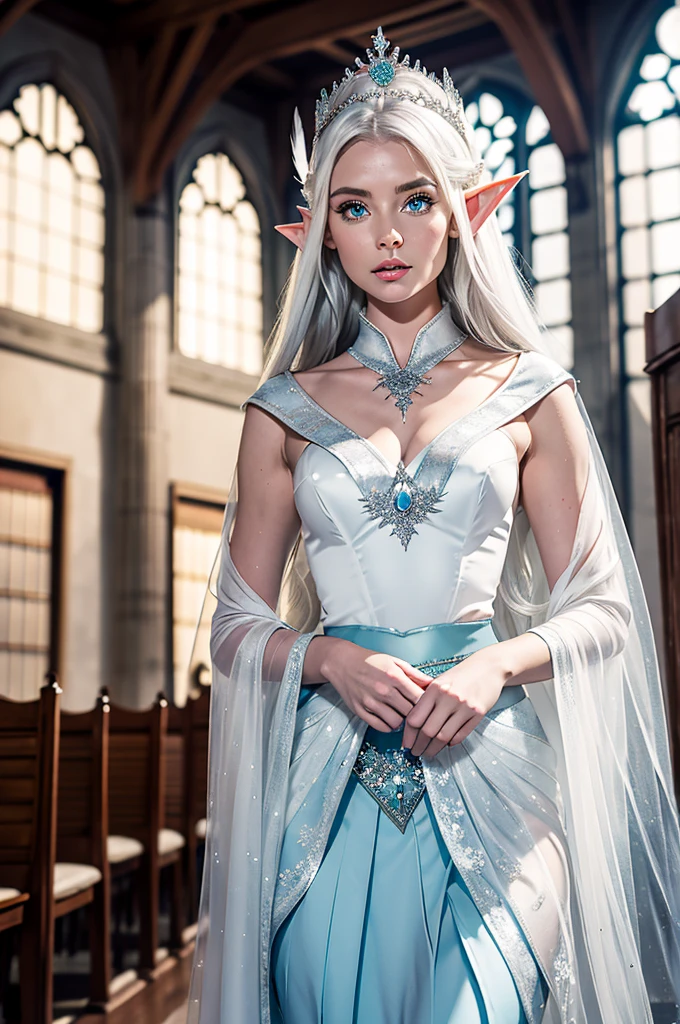 No crown Standing alone in a library hall is a Ice elf Female Elf with Ice white eyes, Wearing a high necked blouse with a full skirt for meetings outfit dress entirely covering her body is a Snow Elf ambassador with white hair and feathers in her hair clear to ice white eyes pale skin Elf elven woman ambassador
