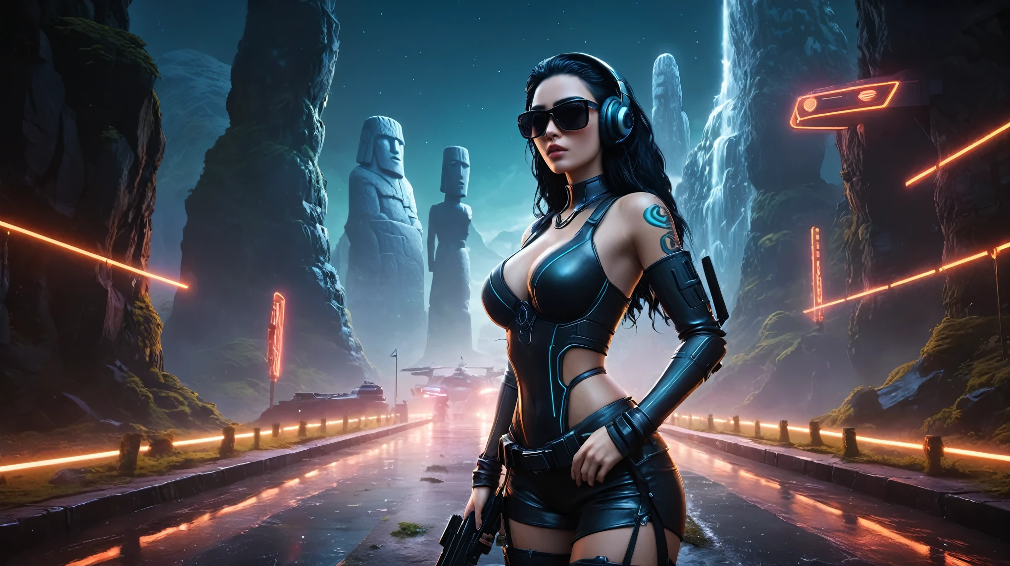 At night, dark sky, distant shot aerial view of fantasy cyberpunk style ice ((Moai-statue)) city in forest, giant waterfall, ((flying vehicle)). ((1girl, solo, alone)), medium-breast:1.1 slim body, cleavage, sexy clothes, (headphone, black sunglasses, long black realistic hair), (((hip-up standing and holding pistol))), half-body thigh level medium shot, cinematic lighting.