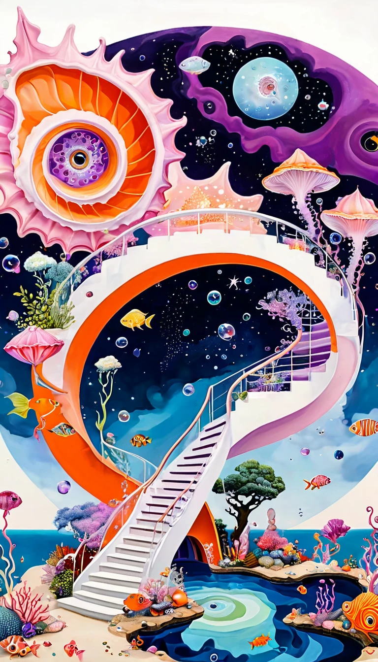 &quot;Dick Ellescas Artist Style&quot;,3D transparent conch-shaped swimming pool in the sky，Bathing fish，Platform、Starry Sky、cloud，fish、Tentacles、bird、Eye、Soap bubbles，diatom，Spiral Staircase，Stitching together an abstract painting，Sense of space，White Space，interesting，Innocence，Psychedelic Art，Pink Theme，Bold contrasts，Purple and Orange