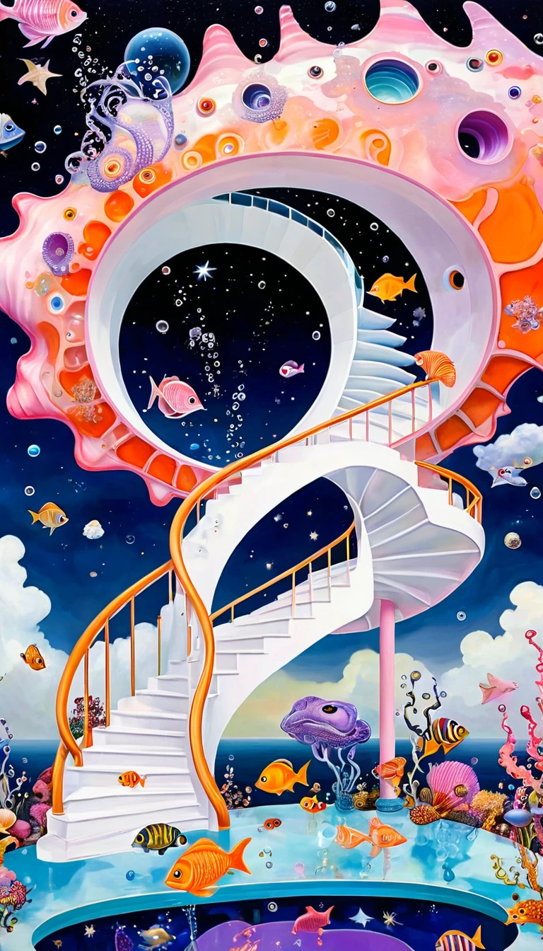 &引用;Dick Ellescas 艺术家风格&引用;,3D透明海螺形空中游泳池，沐浴的章鱼，平台、星空、云，鱼、触手、鸟、眼睛、肥皂泡，硅藻，螺旋楼梯，拼接抽象画，空间感，白色空间，有趣的，纯真，迷幻艺术，粉红色主题，大胆的对比，紫色和橙色