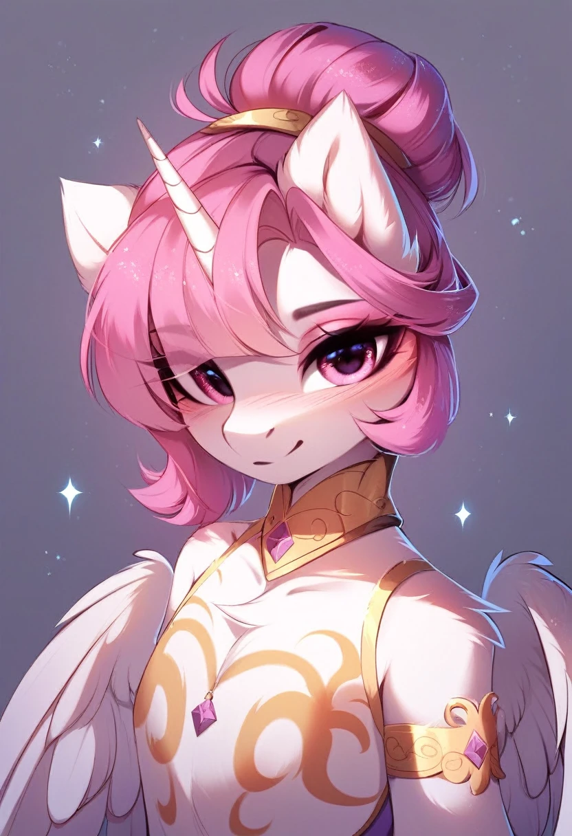 check_9, check_8_up, check_7_up, source_fluffy, rating_safe, from Magnaluna, Celestia poses seductively in a white bedroom, dark pink mane with gold stripes in it, hair bun with bangs, pink eyes, white body, anthro, blushing, wearing goldern lingerie 