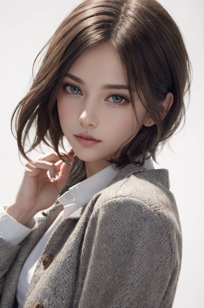 8K Ultra HD、RAWphotograph、モデルphotograph撮影、 European Fashion、(masterpiece、Highest quality、Realistic、High resolution、photograph:1.3)、close、focus on、Hot Model、slim、30 year old mature woman、Small face、No makeup、short hair、Beautiful dark brown Hayne eyes、Genuineスキン、(Perfect body)、Sexy hot face、sexual sight、slim、Tweed jacket、Long sleeve、High neck shirt、Button up,Beautiful eyes in every detail、Glossy lips、((Bright light、Dynamic Lighting、Genuine、超Genuine、 realism、Genuineなディテール、Cool Beauty、Cool pose、Background white、Plain white background