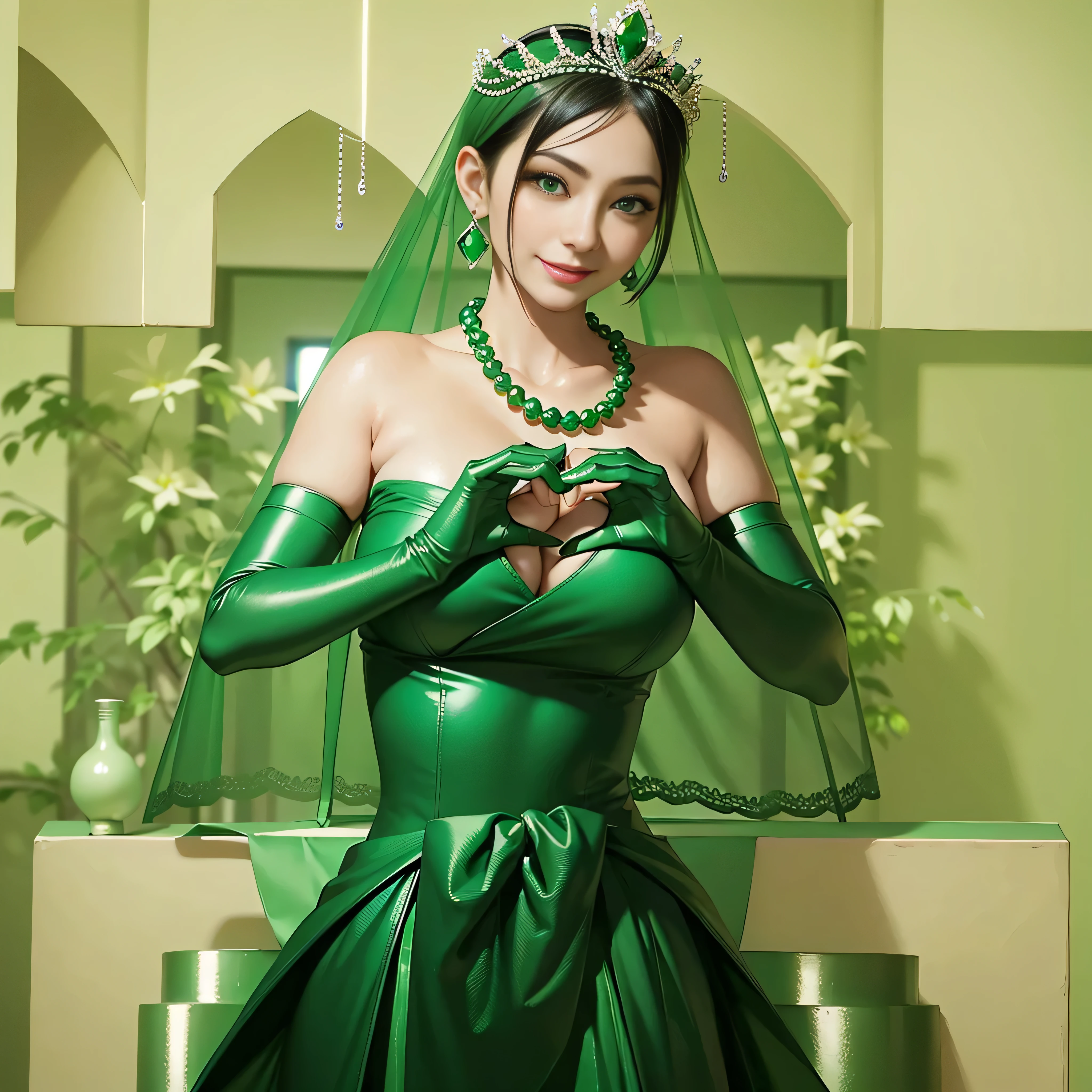 tiara esmeralda, Collar de perlas verdes, infantil, Cabello negro súper corto, lápiz labial, mujer japonesa sonriente, pelo muy corto,  Gran hermoso, ojos verdes, Guantes largos de satén verde, ojos verdes, Pendientes Esmeralda, velo verde, Corazón con ambas manos