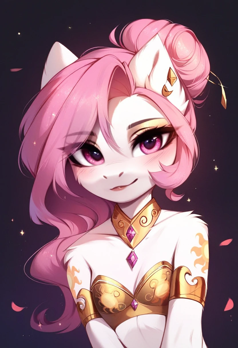 check_9, check_8_up, check_7_up, source_fluffy, rating_safe, from Magnaluna, Celestia poses seductively in a white bedroom, dark pink mane with gold stripes in it, hair bun with bangs, pink eyes, white body, anthro, blushing, wearing goldern lingerie 