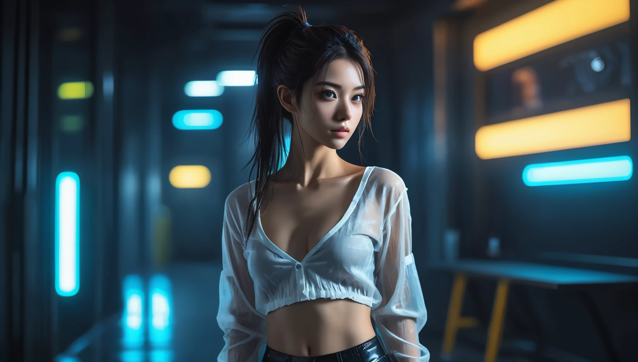 Top Quality, Masterpiece, High Resolution, 8k, (((cute skinny barely legal girl in oversized crinkle blouse and wetlook leggings, bare belly, wide neckline, deep neckline, small perky breasts, beautiful detailed eyes, beautiful detailed lips, small closed mouth, extremely detailed face, long ponytail hair, small hips))), cyberpunk apartment, moody atmosphere, dramatic and random neon colors, futuristic setting, intricate details, at night, backlit, full body shot, view from distance 