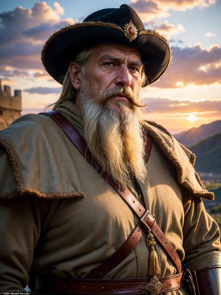 Magnificent portrait, photorealism, Ancient Russian hero, Ilya Muromets, gray beard, long beard, brown eyes, wrinkles on the face, strong face, (national costume of the ancient Russian warrior)), looking at the viewer, (against the background of an ancient fortress), cloudy sky  , sunset, depth of field, bokeh