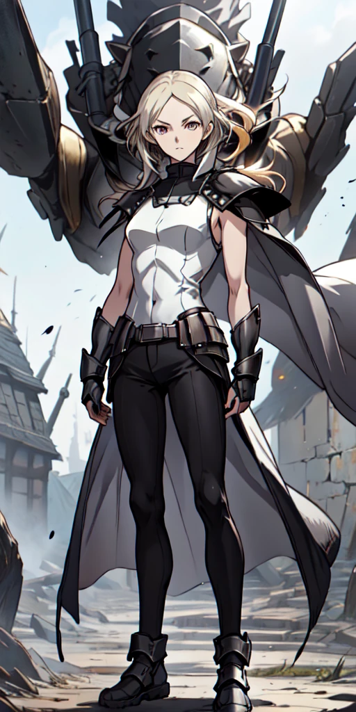  1girl, Wear armor, Sharp focus, offcial art, tall, athletic, silver hair, striking golden eyes, wears the standard Claymore uniform, a white sleeveless top, black pants, dark cloak, ((dajianTeresa)), full body