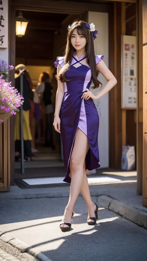 full body, very very long hair brown rapunzel, cosplay anime girl in a purple and black dress with a purple sakura flower in her...