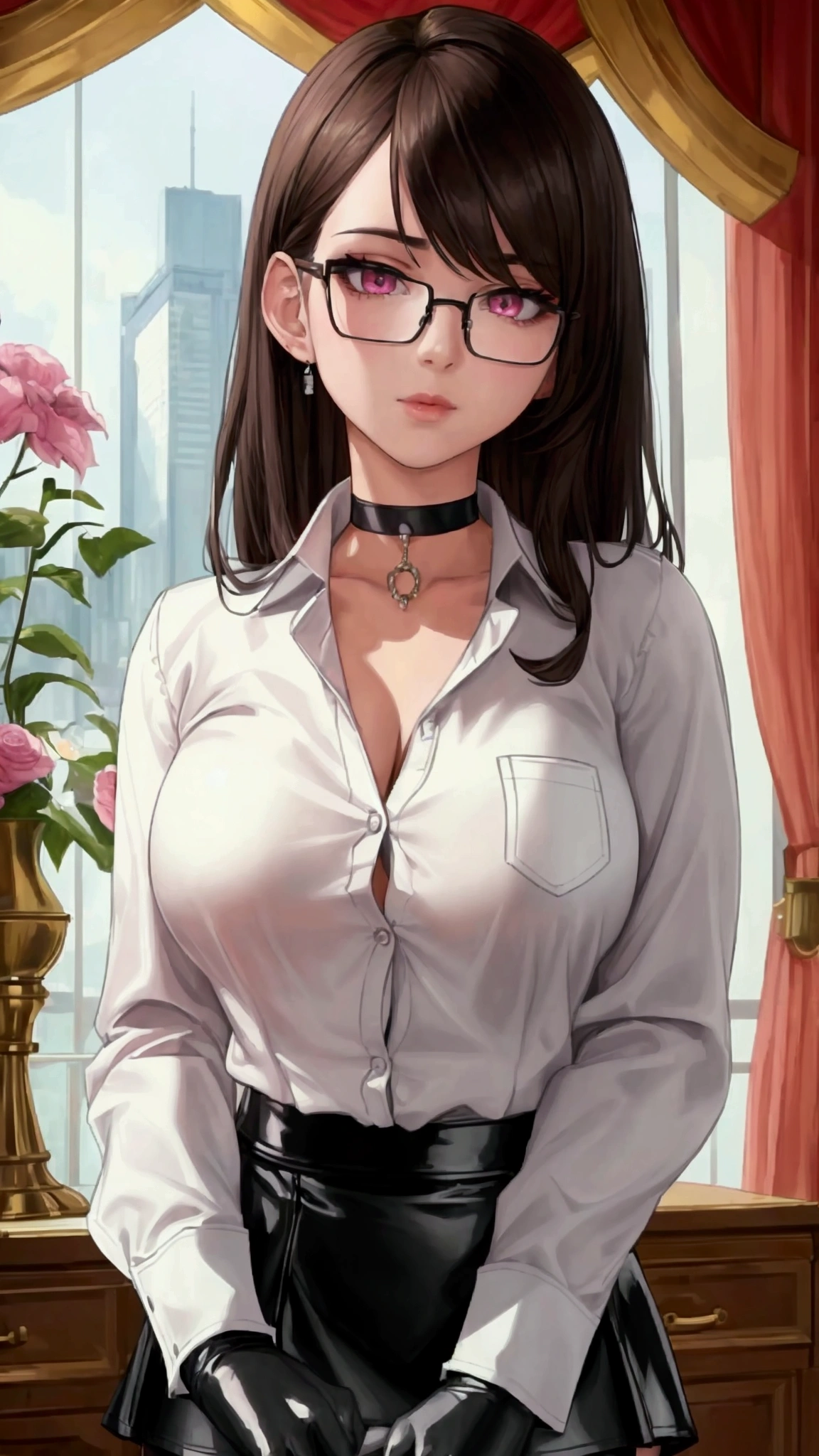 Masterpiece, Beautiful art, professional artist, 8k, Very detailed face, Detailed clothing, detailed fabric, 1 girl, View from the front, standing, crossed arms, pose sexy, BIG BREASTS, perfectly drawn body, shy expression, pale skin, beautiful face, long dark brown hair, 4k eyes, very detailed eyes, pink cheeks, glasses, choker:1.6, (white long sleeve button down shirt with white collar), black gloves, gloves that cover hands, (shiny black tight mini skirt), Sensual Lips, show details in the eyes, Elegant living room, At night