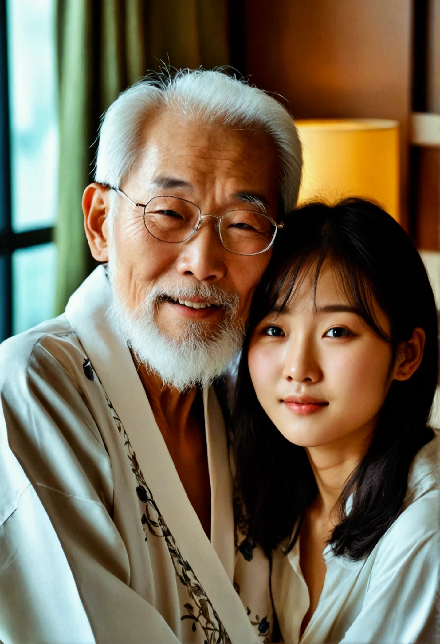 Korean old man and Korean young woman, Age difference, Age difference, Huge tall size, Elderly 70, Long beard、white, smile, Hairy body, stand and hug, kiss, Sexy young girl 18, Small and thin size, hairstyle black long hair, Face embarrassed blush, Sex positions, kissing, white髪の老人, One Girl, On top of the hotel, In the bedroom, Detailed face, Realistic, realism, Large Breasts