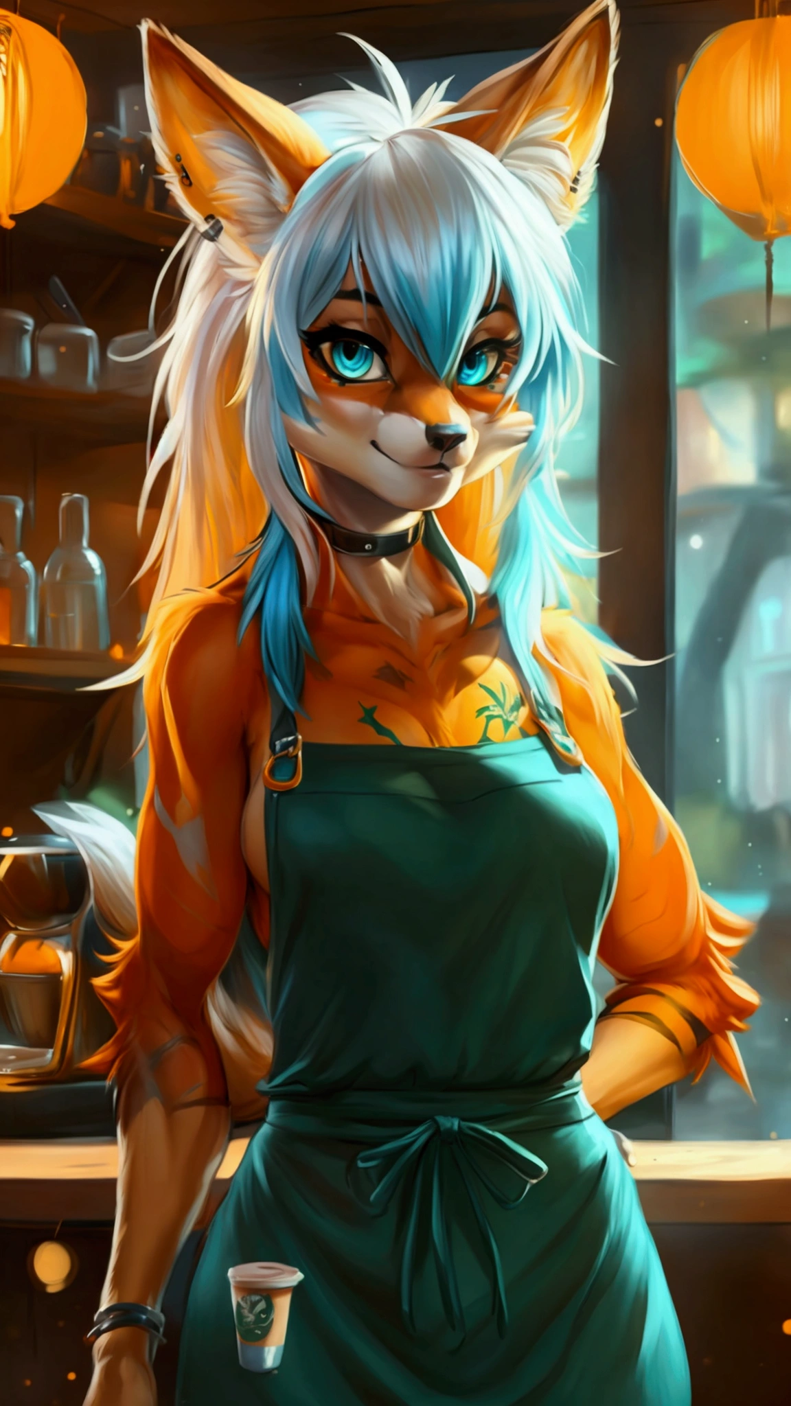 (anthro)) vixen/fox, Ross Tran, by ruan jia, by zaush, by foxovh, by cutesexyrobutts, by cervina_7, by sligarthetiger, Best Quality, masterpiece,, Illustration, Wallpaper,1girl in, Solo, orange fur, white hair, mohawk on one side, ,mohawk haircut, the end tips of hair are aqua blue, dot piercings 3 in 2 row down her snoot, multipule golden ear piercings , golden yellow eyes, glowing eyes, Beautiful detailed girl, extremely detailed eye and face, black dragon tattoo on her arm, tattoos, Beautiful detailed eyes, natural_Lighting, Looking at Viewer, Thick_thighs, big ass, tall, hourglass figure, female, cute, Starbuck, casher, barista, Starbucks apron, large breasts, natural breasts, tail, tall, happy expresion, wide hips thin waist, 8k