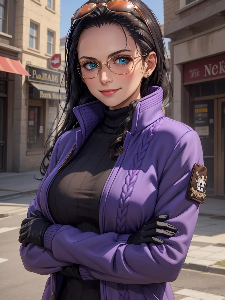 (Masterpiece), 1girl, high quality, best quality, extremely detailed eyes, extremely detailed body, blush, highly detailed, Nico robin, one piece, black hair, blue eyes,  looking at viewer, smile, large breasts, gloves, long sleeves, closed mouth, 1girl, purple jacket, upper body, open clothes, sweater, coat, crossed arms, eyewear on head, brown gloves, ribbed sweater, hair slicked back, purple sweater