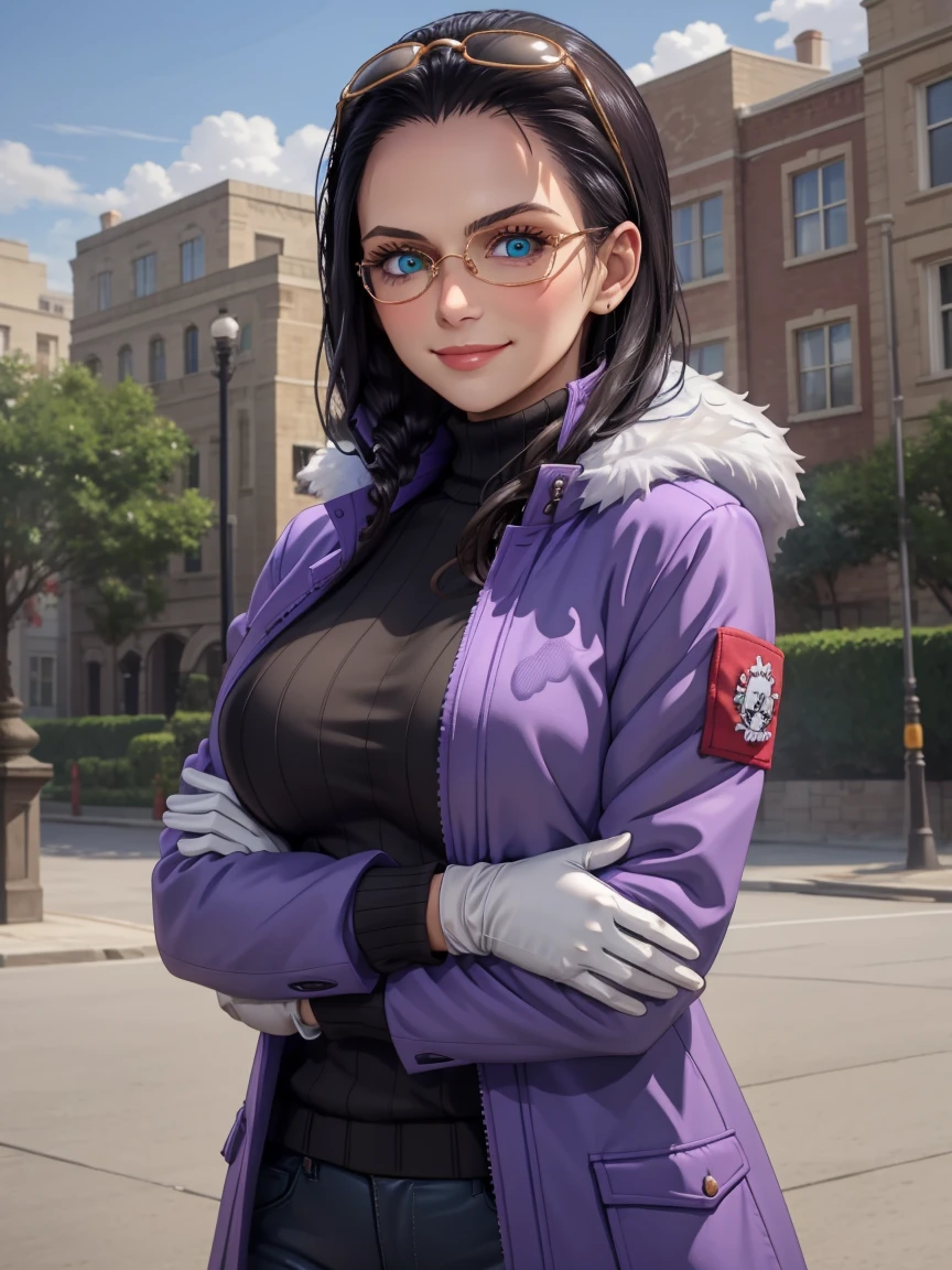 (Masterpiece), 1girl, high quality, best quality, extremely detailed eyes, extremely detailed body, blush, highly detailed, Nico robin, one piece, black hair, blue eyes,  looking at viewer, smile, large breasts, gloves, long sleeves, closed mouth, 1girl, purple jacket, upper body, open clothes, sweater, coat, crossed arms, eyewear on head, brown gloves, ribbed sweater, hair slicked back, purple sweater