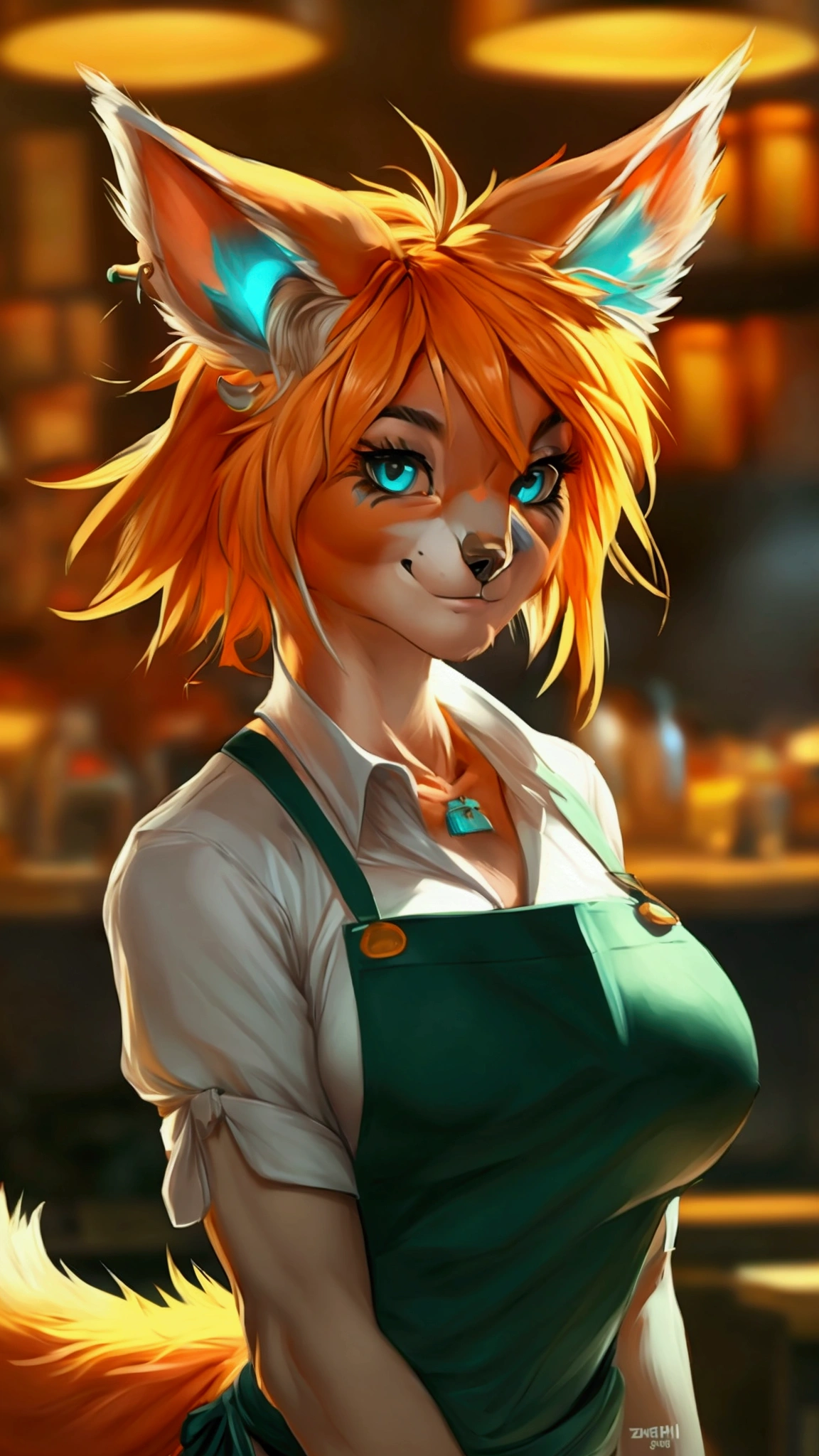 (anthro)) vixen/fox, Ross Tran, by ruan jia, by zaush, by foxovh, by cutesexyrobutts, by cervina_7, by sligarthetiger, Best Quality, masterpiece,, Illustration, Wallpaper,1girl in, Solo, orange fur, white hair, mohawk on one side, ,mohawk haircut, the end tips of hair are aqua blue, dot piercings 3 in 2 row down her snoot, multipule golden ear piercings , golden yellow eyes, glowing eyes, Beautiful detailed girl, extremely detailed eye and face, black dragon tattoo on her arm, tattoos, Beautiful detailed eyes, natural_Lighting, Looking at Viewer, Thick_thighs, big ass, tall, hourglass figure, female, cute, Starbuck, casher, barista, Starbucks apron, large breasts, natural breasts, tail, tall, happy expresion, wide hips thin waist, 8k